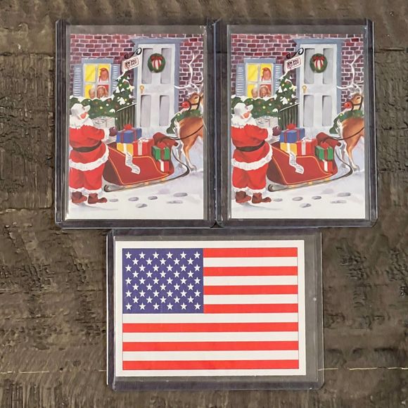 1991 Pro Set #NNO Santa Clause Card (2) + 1991 Score #737 American Flag Card (1) - Picture 1 of 8